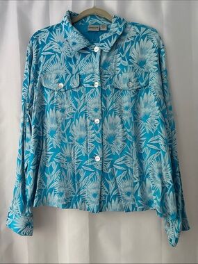 Chico’s Button Down Shirt Size 3/XL Teal Tropical Floral Silk Blend Coastal